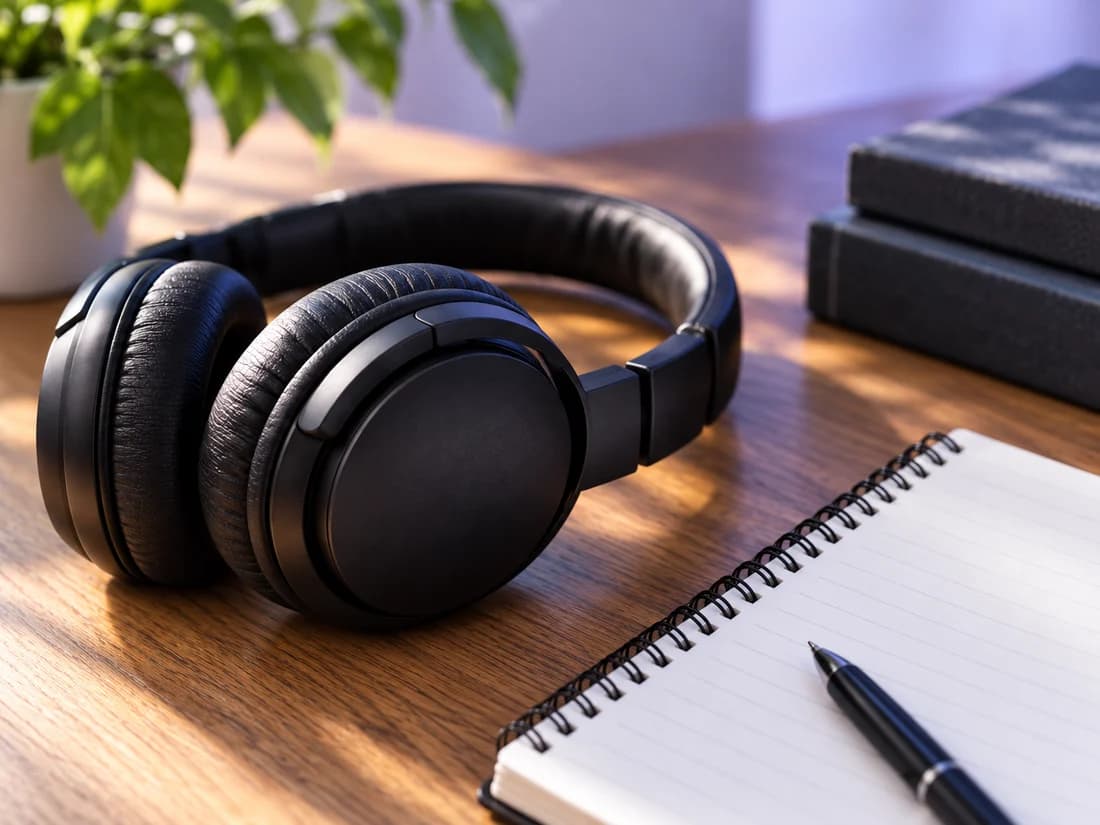 Studio headphones and an open notebook on a sunlit editing desk