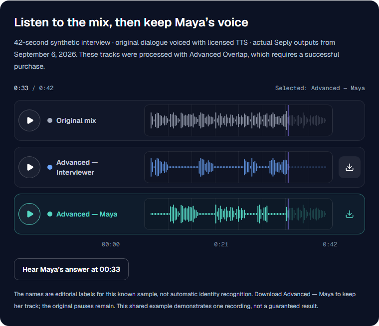 The shared Seply demo with Advanced — Maya selected at 00:33 and its individual WAV download control on the right